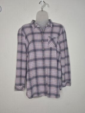 J. Jill Purple Plaid Cotton Gauze Long Sleeve Button Down Front Pocket Blouse M